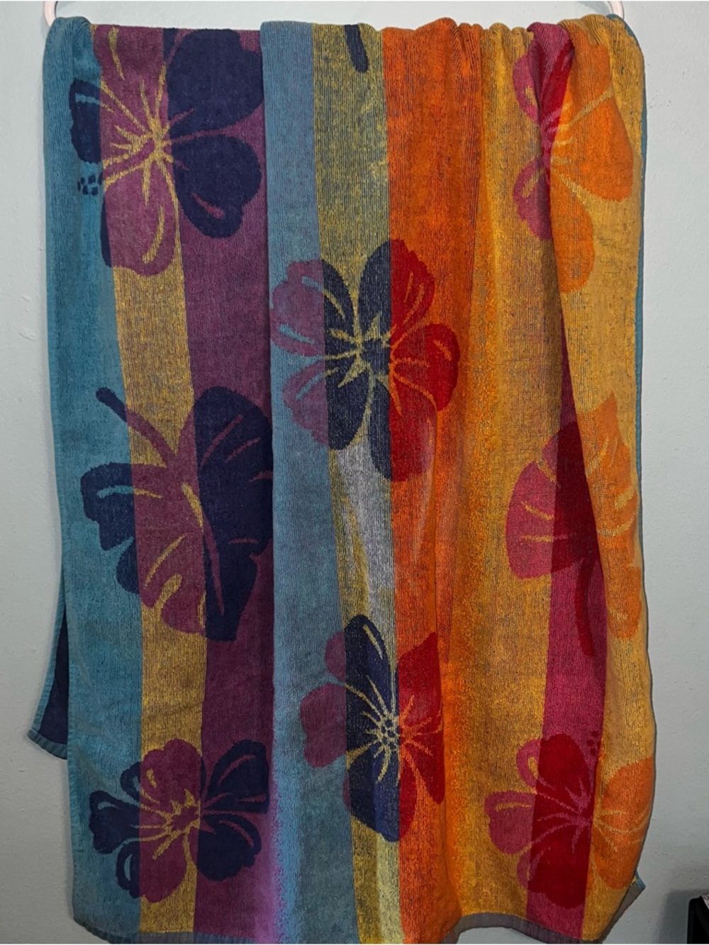 Vintage Multicolor Rainbow Beach Towel - Striped Hibiscus Flower Design
